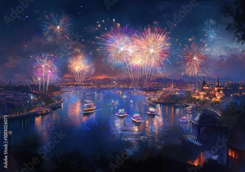 A breathtaking display of fireworks illuminated the night sky over the river