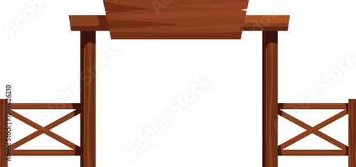 Wooden farm gate entrance with hanging sign displaying empty space for text or logo isolated on white background