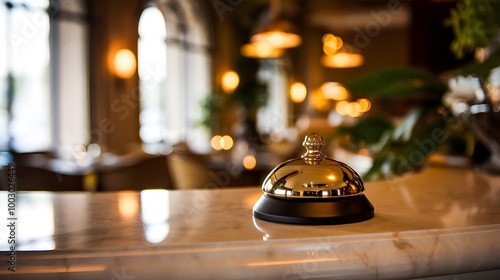 Gold Service Bell on Reception Desk in Hotel Lobby