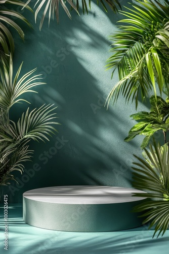 Modern wooden pedestal surrounded by lush tropical foliage on a light green b...