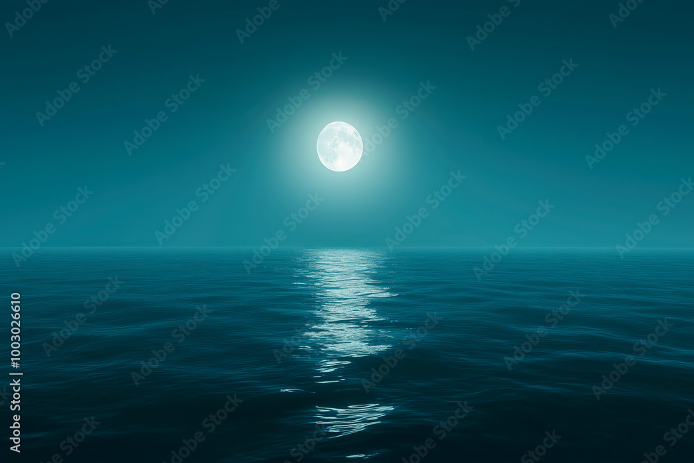 Tranquil beach scene at night, with the moon casting a shimmering reflection on the calm waters Tranquil beach scene at night, with the moon casting a shimmering reflection on the calm waters
