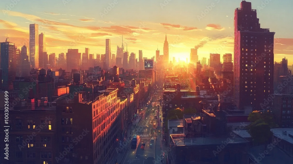 Fototapeta premium Sunset Over Urban Skyline with Cityscape View