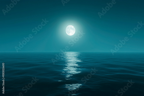 Tranquil beach scene at night, with the moon casting a shimmering reflection on the calm waters