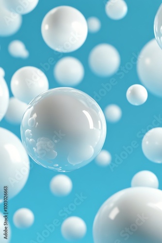 Bubbles floating in the air against a bright blue background, creating a play...