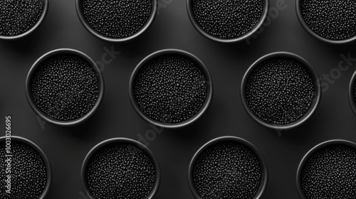 View from the top of two glass cups showing black plastic polypropylene pellets on a black backdrop.