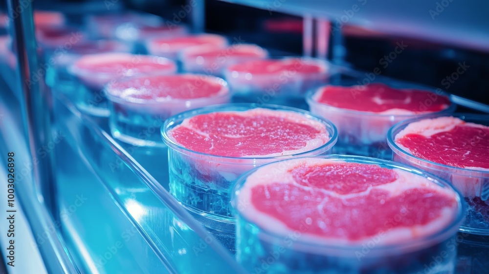 Freshly cut steaks displayed in a refrigerated case at a modern butcher shop in the evening Freshly cut steaks displayed in a refrigerated case at a modern butcher shop in the evening