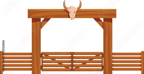 Wooden fence with a gate and a bull skull, creating a classic farm or ranch entrance
