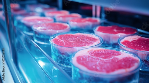 Freshly cut steaks displayed in a refrigerated case at a modern butcher shop ...