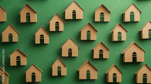 Cardboard houses, each cut in a unique geometric style, arranged neatly on a solid green background. The eco-friendly material emphasizes sustainability, ideal for environmental awareness campaigns