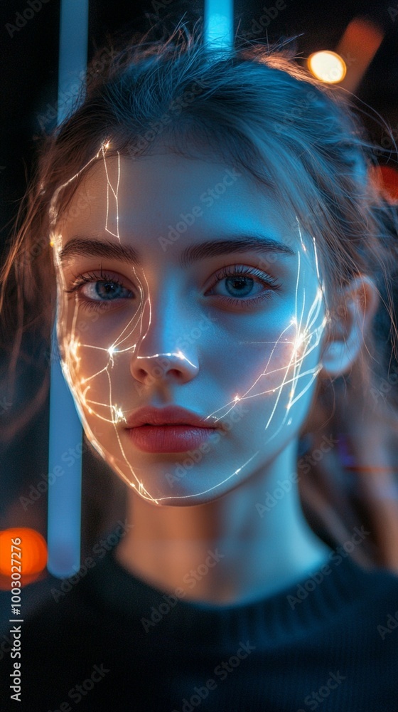 Futuristic portrait with glowing geometric lines tracing facial features, bathed in ethereal blue light. Cyberpunk aesthetic meets human beauty in striking image. Futuristic portrait with glowing geometric lines tracing facial features, bathed in ethereal blue light. Cyberpunk aesthetic meets human beauty in striking image.