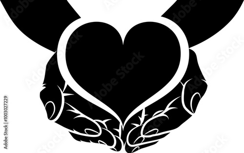 silhouette of heart symbol over open hands, vector illustration 