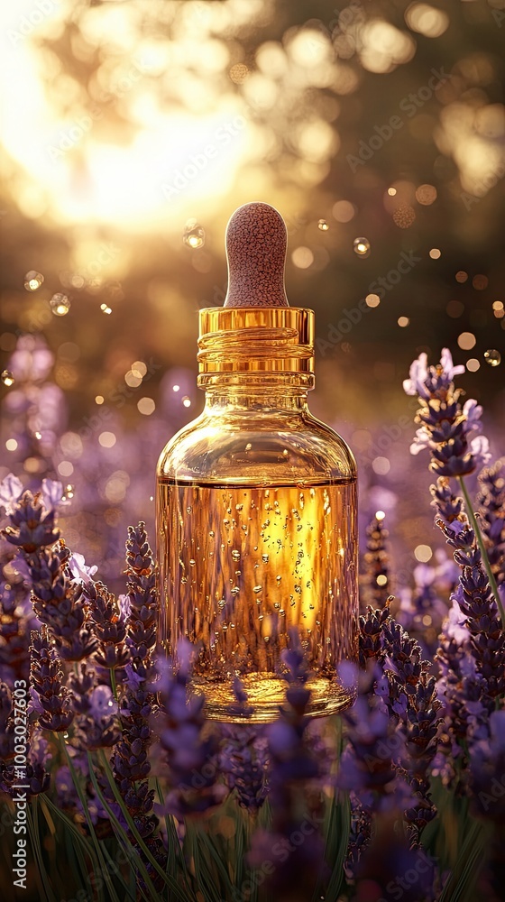 A bottle of lavender oil is sitting in a field of purple flowers A bottle of lavender oil is sitting in a field of purple flowers