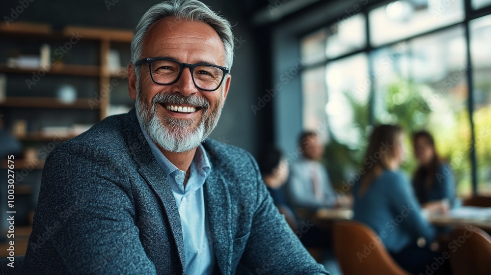 Confident senior professional beams with genuine smile in modern office setting, embodying success and positivity in the workplace environment. Confident senior professional beams with genuine smile in modern office setting, embodying success and positivity in the workplace environment.