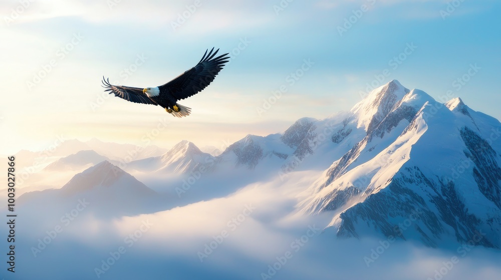 Majestic Eagle Soaring Over Snowy Mountains Majestic Eagle Soaring Over Snowy Mountains