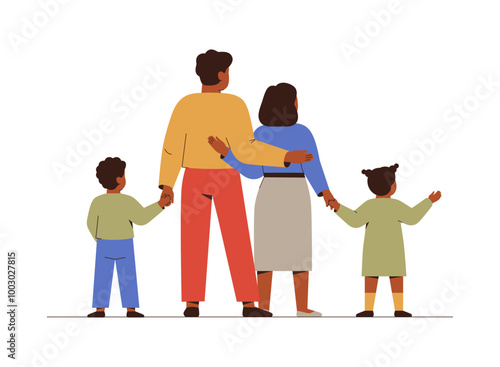 Black family with two children stand together back view. Parents hold by hands their preschool kids. Family friendly and unity concept. Childcare and parenting concept. Flat Vector illustration