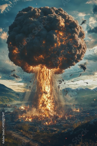 Dramatic explosion leaves a massive mushroom cloud over a cityscape during da...