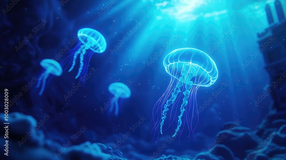 Marvelous Underwater World with Bioluminescent Jellyfish Marvelous Underwater World with Bioluminescent Jellyfish