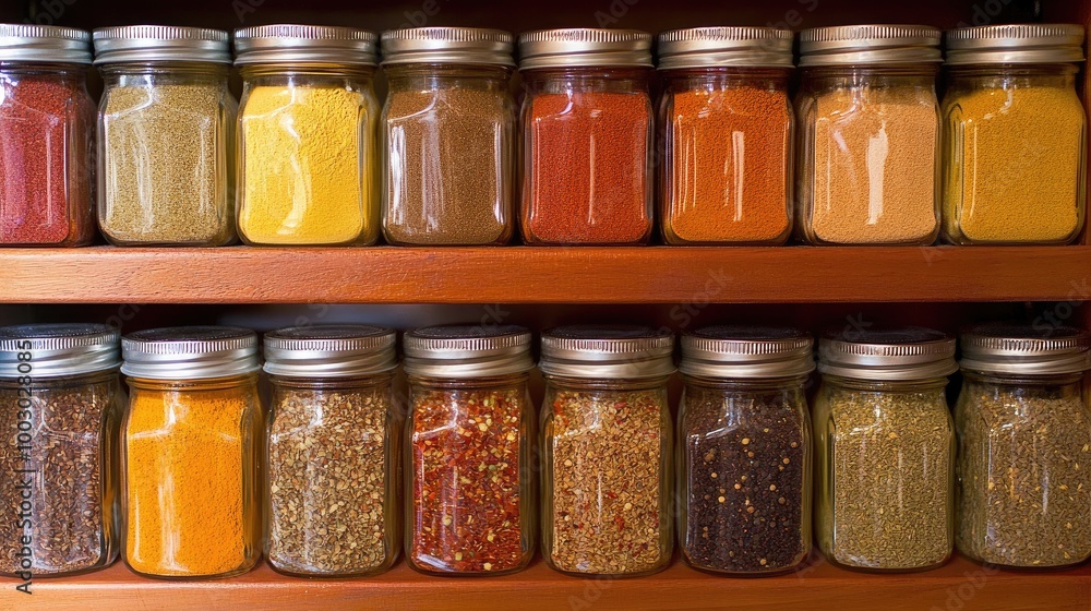 Colorful Spice Jars on Wooden Shelf Colorful Spice Jars on Wooden Shelf