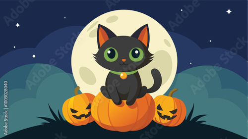 A playful black cat sits atop a carved pumpkin, illuminated by a full moon against a starry night sky, celebrating the Halloween spirit in a whimsical design