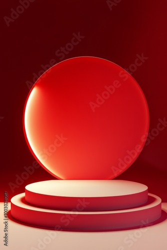 A vibrant red circular display set against a richly colored backdrop for mode...