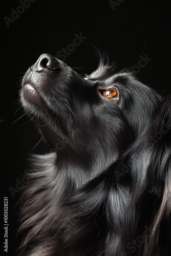 A close-up of a black dog gazing upwards with striking golden eyes against a ...