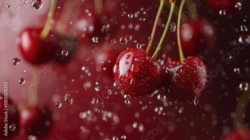 Fresh cherries splashing in water droplets against a vibrant red background d...