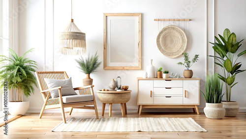 Home mockup, white room with natural wooden furniture, Scandi-Boho style, 3d render, white Mock up frame