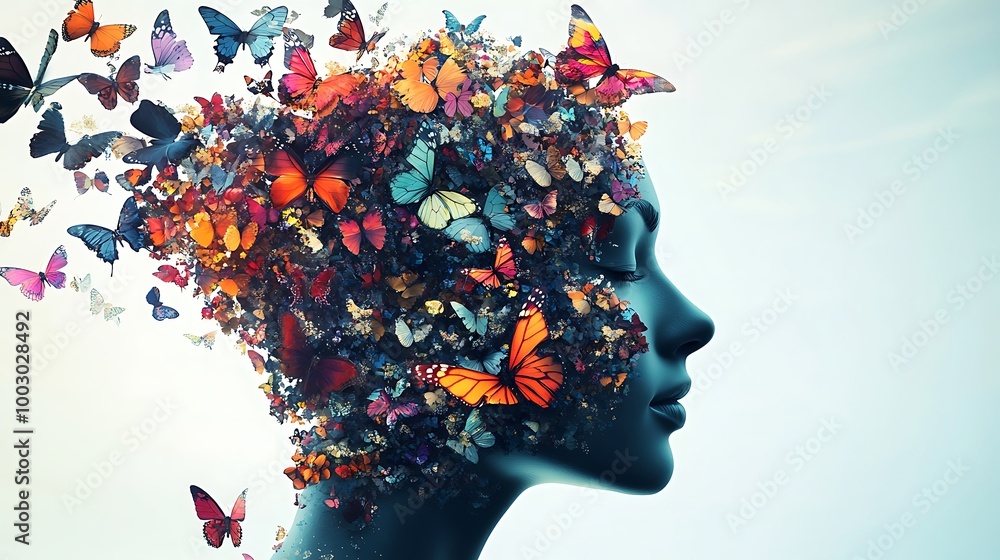 Ethereal floral face emerging from lush nature with flying butterflies image Ethereal floral face emerging from lush nature with flying butterflies image