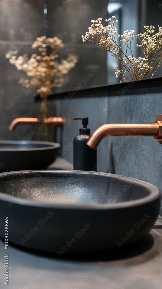Modern bathroom elegance: matte black vessel sinks, copper faucets, and delicate dried flowers create a sophisticated contrast of textures and tones in this stylish space. Modern bathroom elegance: matte black vessel sinks, copper faucets, and delicate dried flowers create a sophisticated contrast of textures and tones in this stylish space.