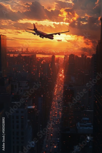 Airplane flying over a vibrant sunset with city skyline and river view