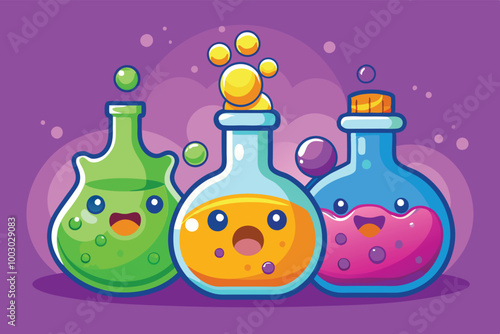 Colorful potion bottles filled with vibrant liquids sit on a dark background, showcasing various hues and bubbling effects, giving an enchanting and whimsical appearance