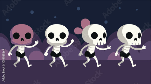 Three playful cartoon skeletons joyfully running together in a whimsical manner against a dark background during a festive occasion