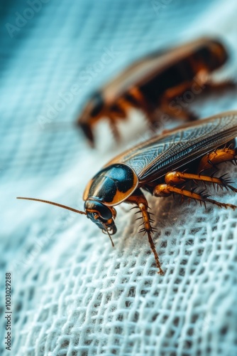 Close-up view of a cockroach on fabric, highlighting its distinct features an...