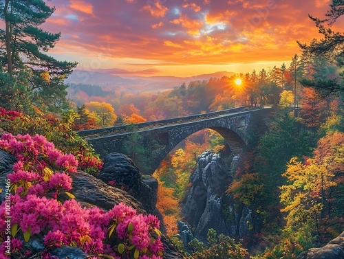 Fantastic Autumn Landscape. Amazing sunset With colorful sky in Azalea and Rhododendron Park Kromlau photo