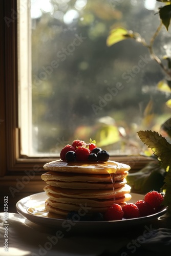Delicious stack of pancakes topped with raspberries in a cozy winter morning ...