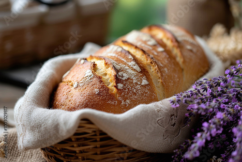 Close up of freshy baked bread in basket photo