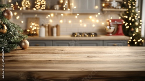 Festive kitchen countertop with wooden surface in focus, Christmas decorations and twinkling lights in background, creating a warm holiday atmosphere. photo