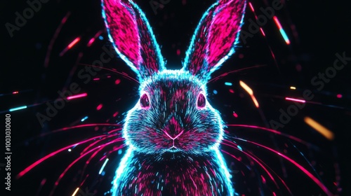 Colorful neon rabbit illustration with glowing outlines against a dark backgr...