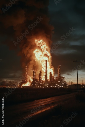 Large fire engulfing industrial plant at dusk with smoke billowing into the sky