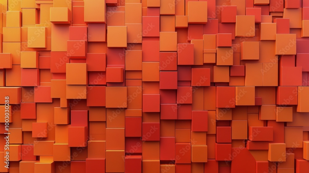 Vibrant abstract wall of red and orange cubes creating dynamic geometric patterns in modern design Vibrant abstract wall of red and orange cubes creating dynamic geometric patterns in modern design