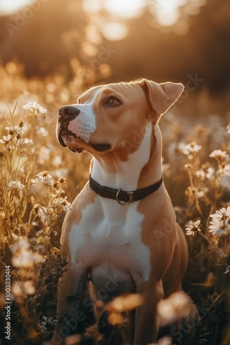 A beautiful dog enjoying a sunny day in a flower-filled meadow during golden ...