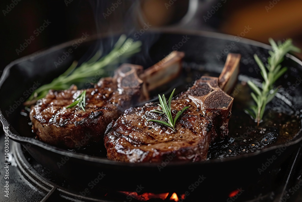 Grilled lamb meat chops with onion and rosemary in black cast iron pan, top view, close up. Barbecue dinner. Grilled lamb meat chops with onion and rosemary in black cast iron pan, top view, close up. Barbecue dinner.
