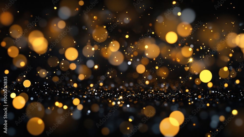 Abstract festive dark background with gold glitter and bokeh. New year, birthday, holidays celebration. Abstract festive dark background with gold glitter and bokeh. New year, birthday, holidays celebration.