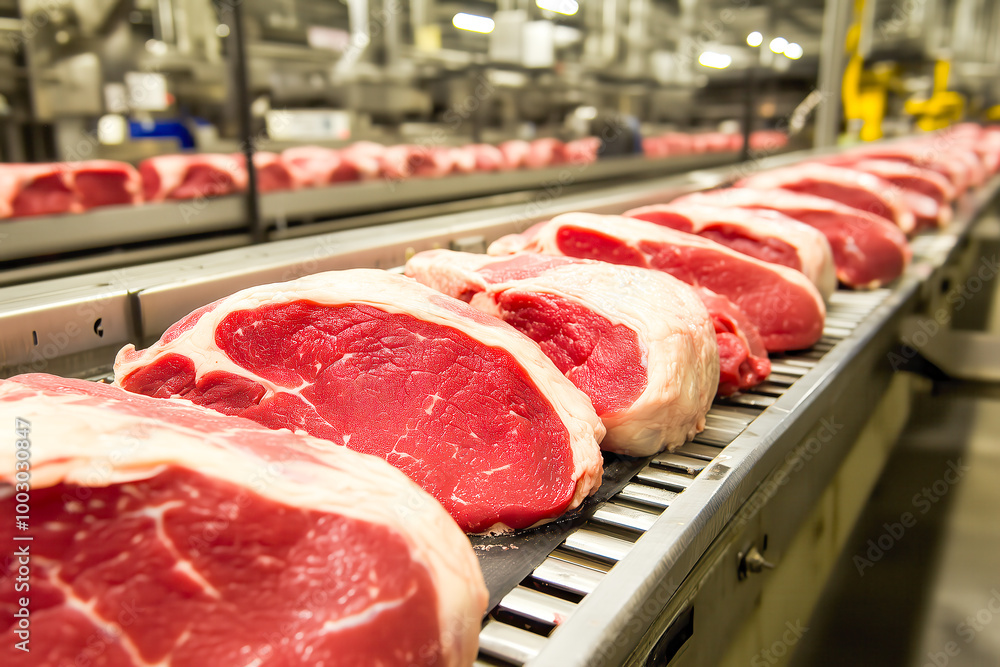 Large-scale meat processing facility with conveyor belts and automated cutting and packaging machines Large-scale meat processing facility with conveyor belts and automated cutting and packaging machines