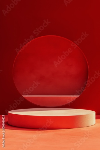 A vibrant red circular display set against a richly colored backdrop for mode...