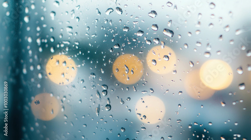 Macro Shot Of Raindrops On A Window, With The Blurred Cityscape In The Background, The Drops Reflect Light, Soft Bokeh Effect