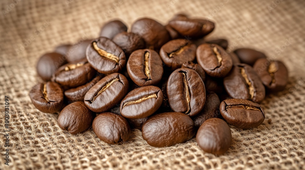 Freshly roasted coffee beans resting on burlap fabric ready for brewing in the morning light Freshly roasted coffee beans resting on burlap fabric ready for brewing in the morning light