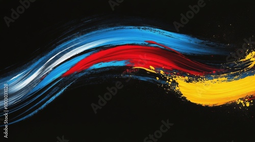 Vibrant abstract painting using blue, red, and yellow colors on a dark backgr...