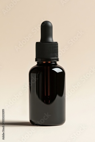 Elegant black dropper bottle with a gold cap against a textured golden backdrop