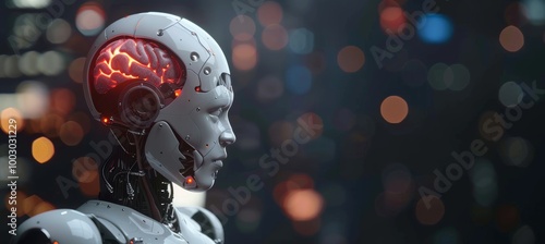 Futuristic AI robot in side view against a dark background, room for personalized text